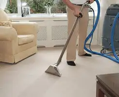 Carpet cleaning professional removing dirt and stains with a hot-water extraction tool in a home, {city}, {state}.